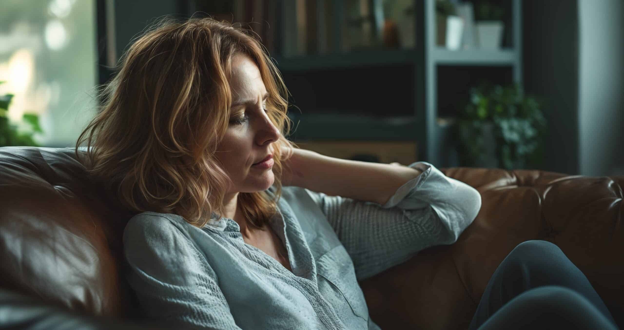 A stressed out woman sitting on a couch.